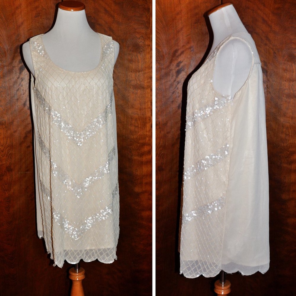 Vintage Cream Beaded Sequin Gatsby Flapper Party Cocktail Dress Size L